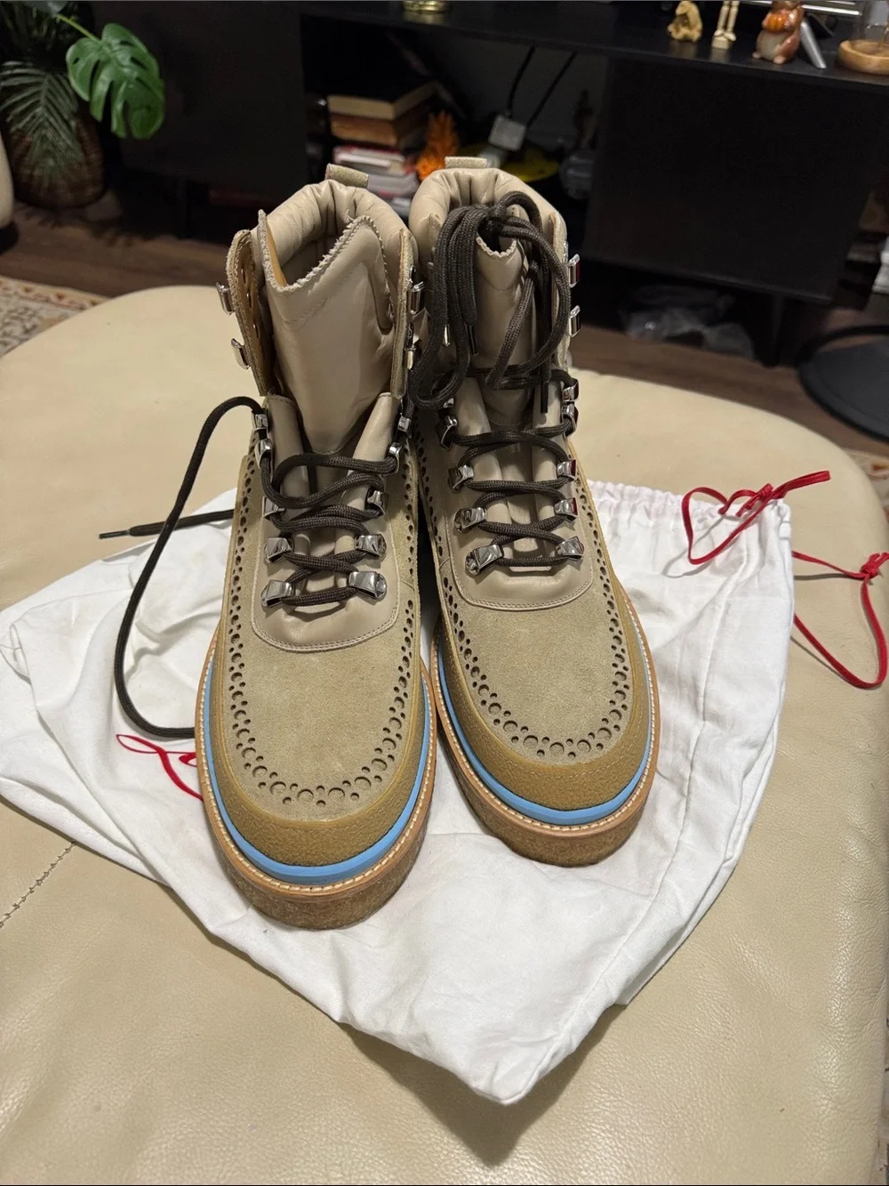 Christian Louboutin Beige and Light Blue Trim Lace-Up Platform Boots
